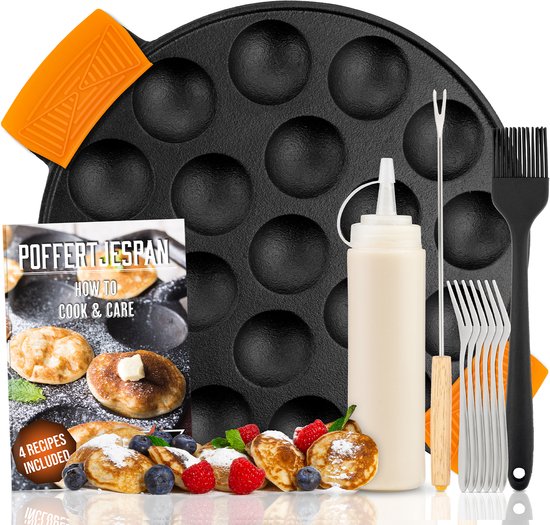 IRONO Poffertjespan Set - Incl. Doseerfles, Keervork en 6 vorkjes - Poffertjespan Inductie en Electrisch - Poffertjesmaker 19 Poffertjes - Gietijzeren Pan - Poffertjes Maken - Spuitfles