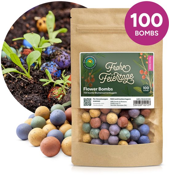 Zak 'Frohe Feiertage' met 100 bloem bommetjes, en een tuin met spruitjes.