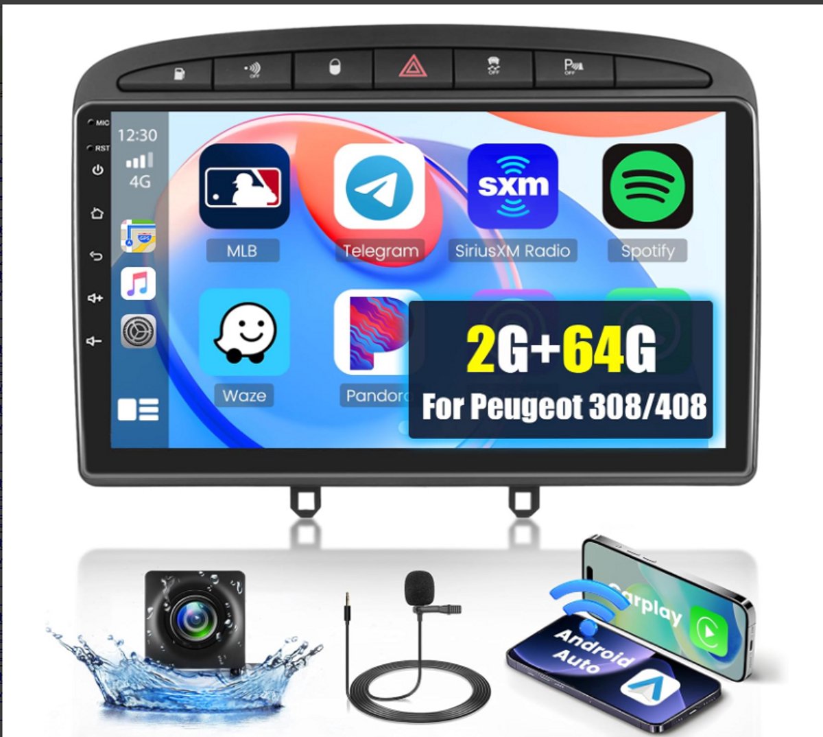 Autoradio - 9-inch 2-DIN Android 15 voor Peugeot 308 (2007 - 2015) DAB+ radio, GPS-navigatie, CarPlay/Android Auto-ondersteuning, met achteruitrijcamera, smartphoneconnectiviteit en stuurwielbediening