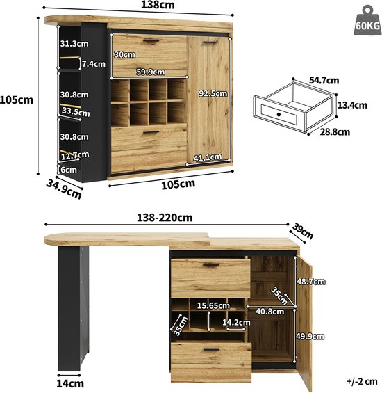 Technische tekening van een uitschuifbare tafel met afmetingen in cm, met houten blad en zwarte zijkanten.