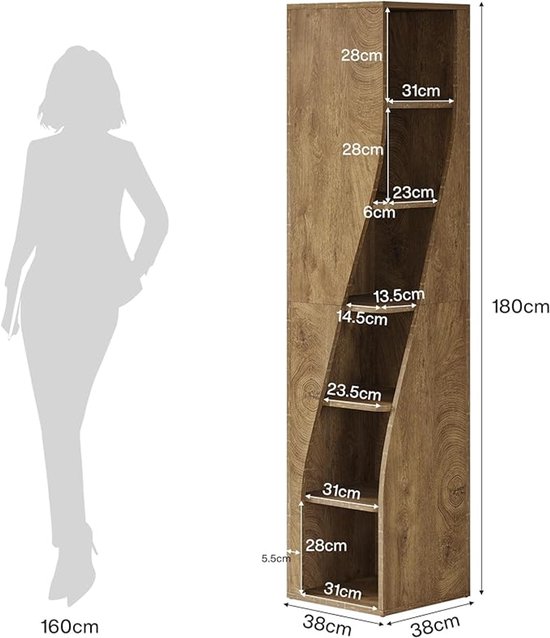 Boekenkast Hoekrek 6 Niveaus – Modern Industrieel Smal Staand Rek van Hout – HomeByNicole Lichtbruin 38x38x180 cm – Ruimtebesparende Opbergkast voor Woonkamer, Slaapkamer en Thuiskantoor