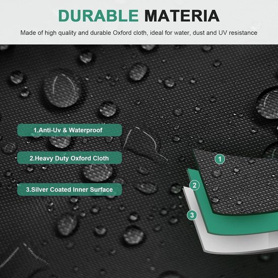 Close-up van zwarte, waterdichte oxford stof met zilveren binnencoating, bestand tegen uv en water.