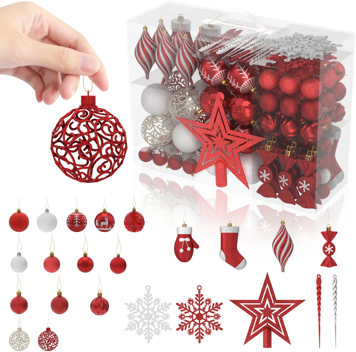 Aufun Kerstballen – Kunststof 138 stuks – Bordeauxrood – Hangende Kerstboomversiering