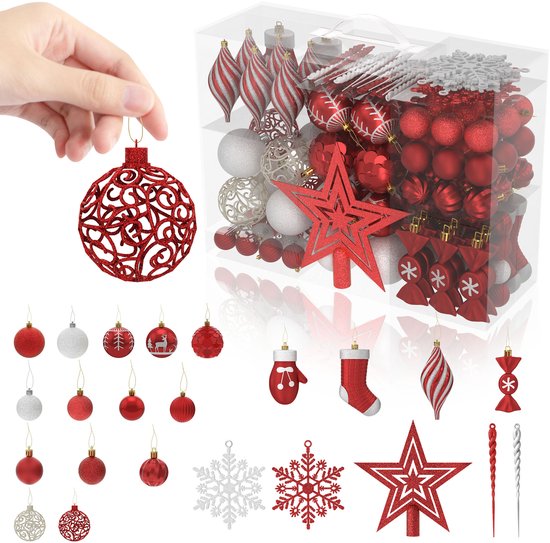 Aufun Kerstballen – Kunststof 138 stuks – Bordeauxrood – Hangende Kerstboomversiering