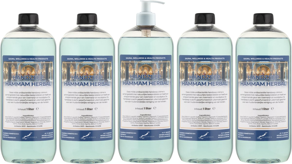 Handzeep Hammam Herbal 1 liter - set van 5 stuks - met gratis pomp - Voordeelverpakking