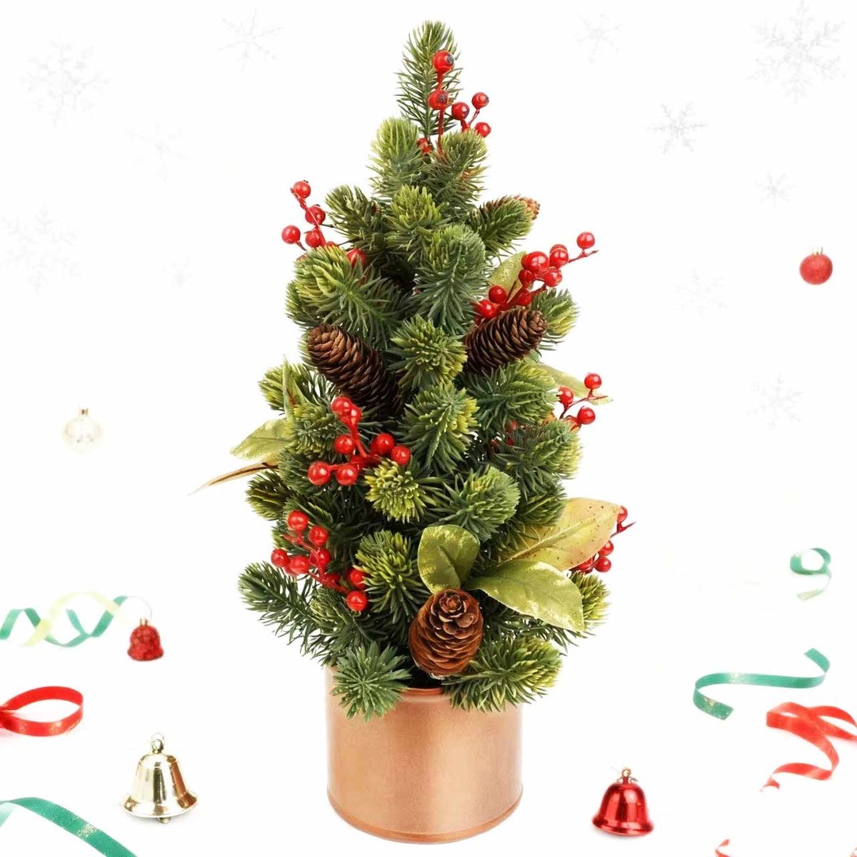45cm Kerstboom-Kunstkerstboom-tafelkerstboom-kerstboom met Dennenappels en rode bessen-Met basis-Zeer Dicht Takkenstelsel-Groen-voor kerstdecoratie, feestjes(Groen)