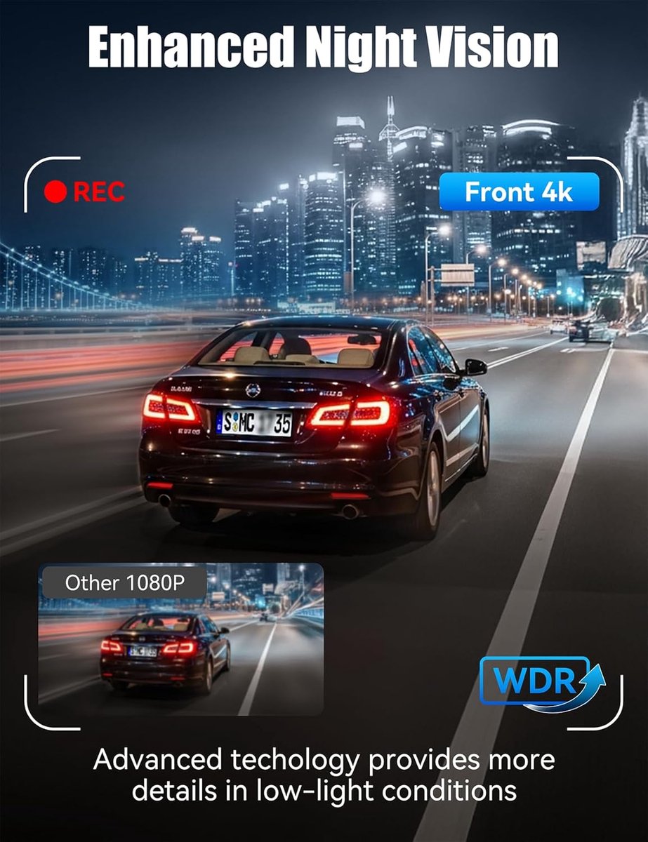 4K dashcam voor de auto - voor en achter met hardwire kit, wifi dashcam met parkeerbewaking, 64 GB SD-kaart, 3-kanaals autocamera met nachtzicht, 170° groothoek, WDR, G-sensor, loopopname – foto 3