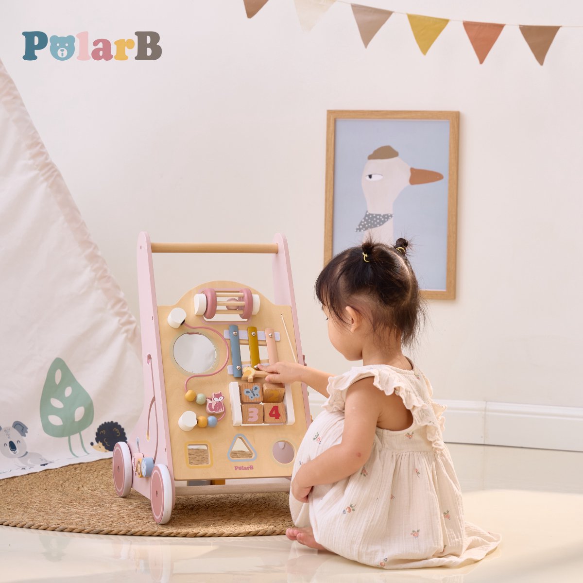 PolarB Houten Loopwagen Activiteiten – Baby Walker met 8 Speelfuncties (12+ mnd) – Looptrainer met Opbergruimte – foto 3