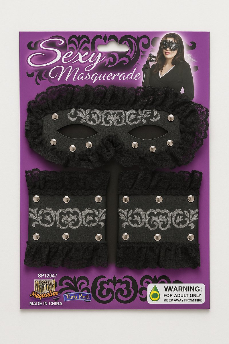 Masquerade Verkleed Set – Masker + Polsbanden – Zwart Kant & Studs – Carnaval, Themafeest & Party Accessoires