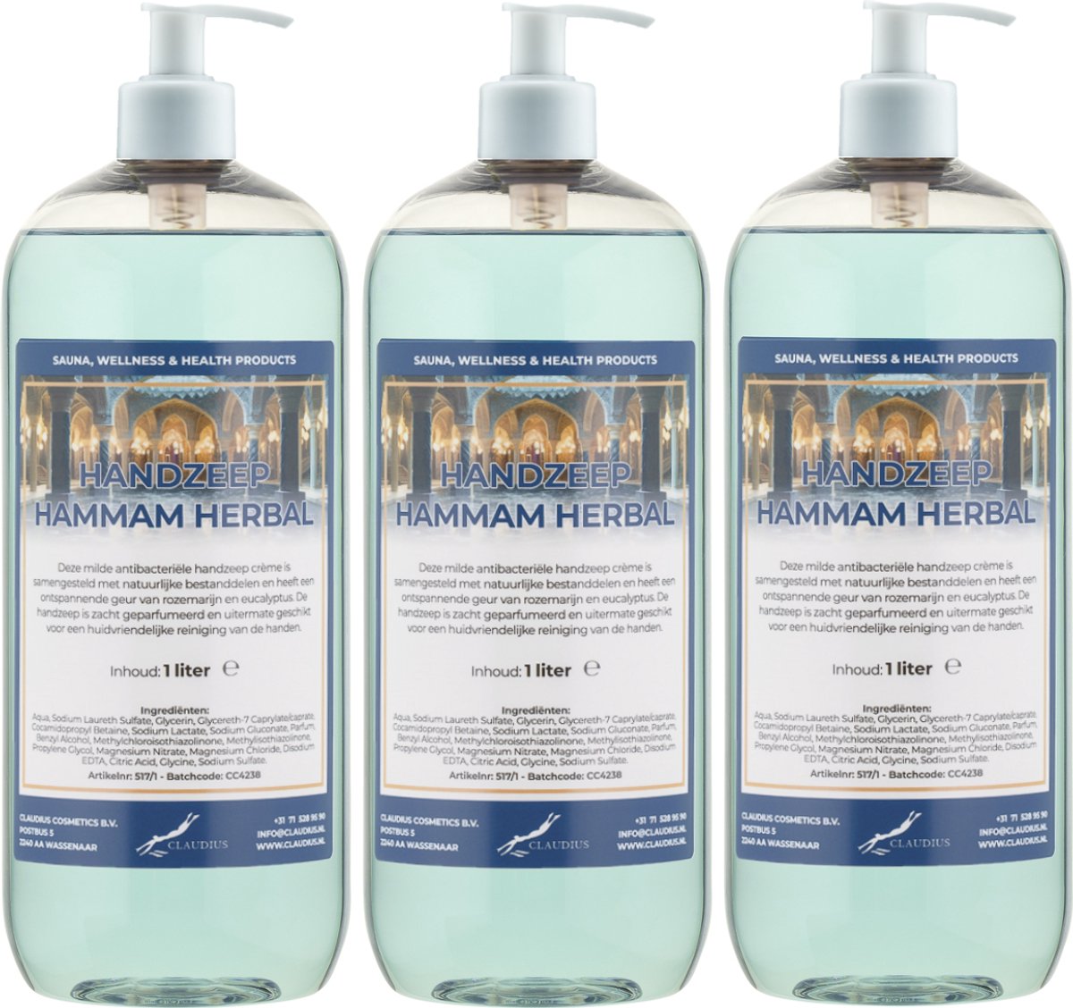 Handzeep Hammam Herbal 1 liter - set van 3 stuks - met gratis pomp - Voordeelverpakking