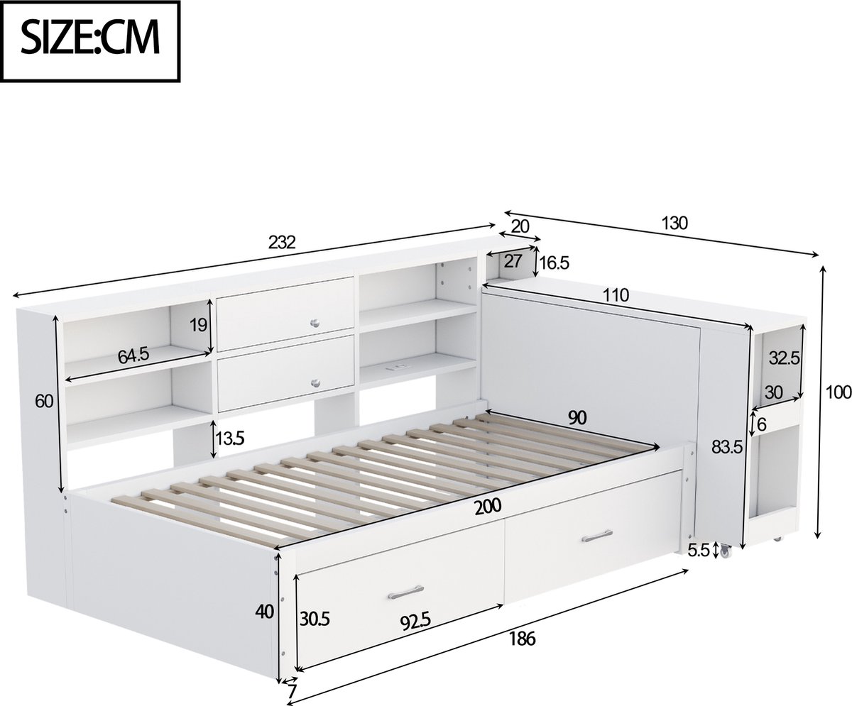 Merax Slaapbank 90 x 200 cm - met opbergruimte - lade - stopcontact - uitschuifbaar bureau - eenpersoonsbed - wit - zonder matras