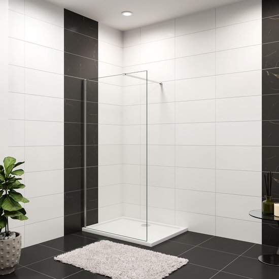 Aica Paroi de douche moderne 140x200 cm - Verre trempé sûr 8 mm NANO Easyclean - Tige de stabilisation rétractable de 70-120 cm - Facile à installer - Profil en chrome brillant