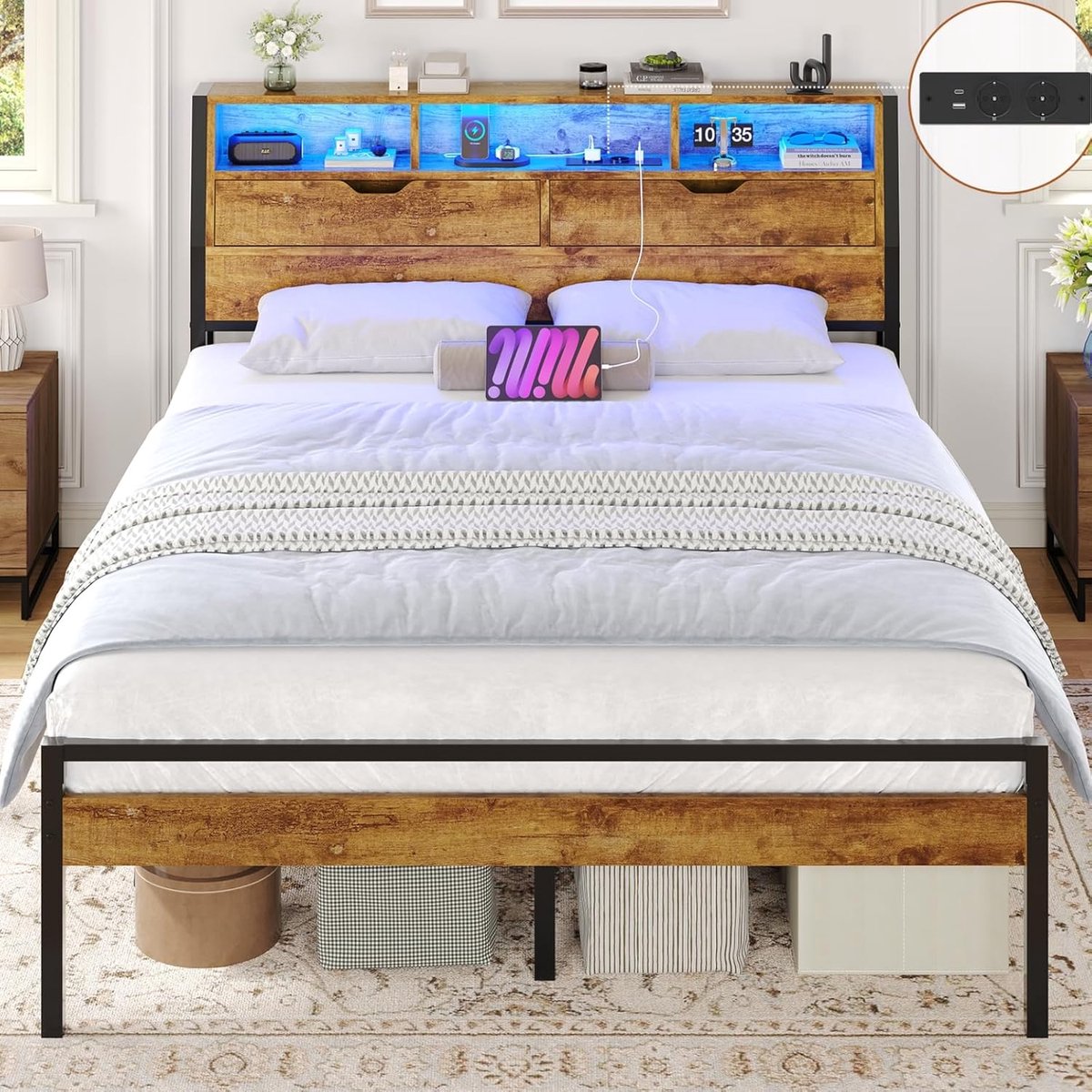 Tweepersoons Bed 140x200 cm met Metalen Lattenbodem, LED-verlichting, USB- en Stopcontact, Houten Hoofdeinde en 2 Opbergkasten – Modern Industrieel Jeugdbed met Opbergruimte