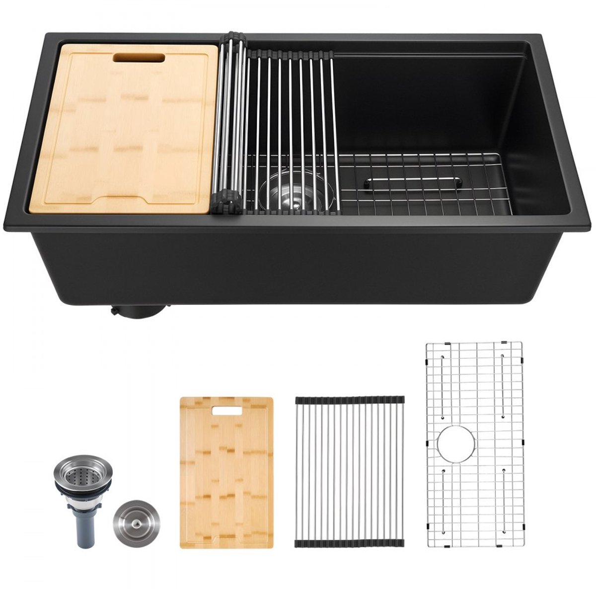 Granieten keukenspoelbak gootsteen - Inbouwmodel - Afmetingen 838 x 482 x 254 mm - Met Accessoires - Landelijke Stijl - Zwart