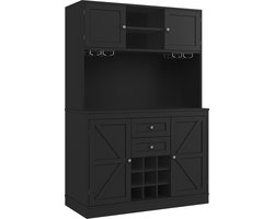 MODFU Zwarte Keukenkast met Verstelbare Planken en Wijnrek, Hochschrank met 4 Deuren en 2 Lades, Sideboard voor Keuken en Woonkamer