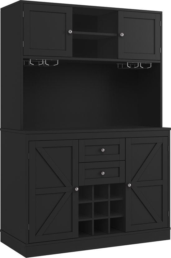 MODFU Zwarte Keukenkast met Verstelbare Planken en Wijnrek, Hochschrank met 4 Deuren en 2 Lades, Sideboard voor Keuken en Woonkamer