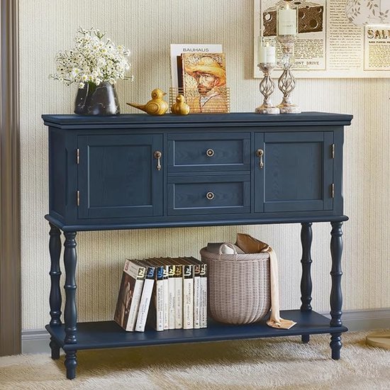Consoletafel Hout Donkerblauw – Smalle Opbergtafel met 2 Laden en Kast, Retro Vintage Haltafel voor Woonkamer, Entree, Slaapkamer – HomeByNicole
