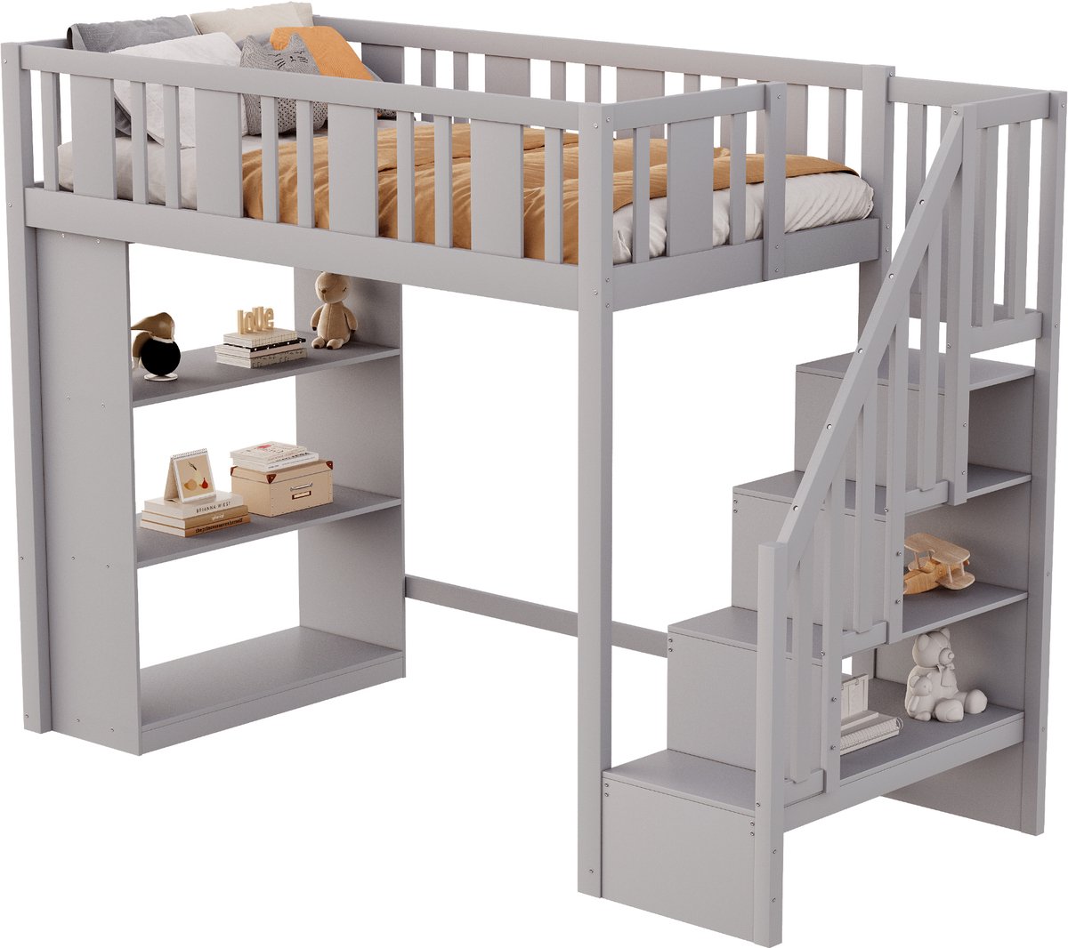 Merax 90 x 200 cm hoogslaper - kinderbed met opbergtrap - met opbergruimte - grijs - zonder matras