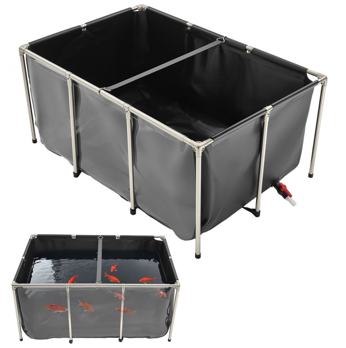 Visvijver - PVC Kweekwatertank/Koivijver - Capaciteit 1023,3 L - Transparant Kijkvenster - Roestvrijstalen Frame - Aftapkraan - Voor koi en goudvissen - Zwart