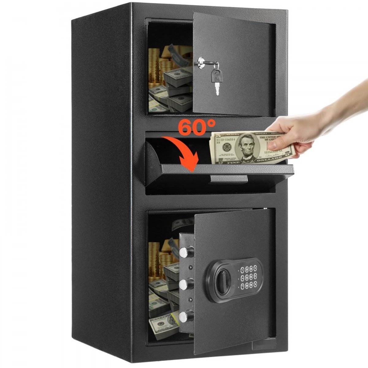Afstortkluis - Depotkluis - Grote Afstortsleuf - Digitaal Codeslot + Reservesleutels - 3 Niveaus - Inhoud ca. 102 L - Voor Contant Geld & Documenten