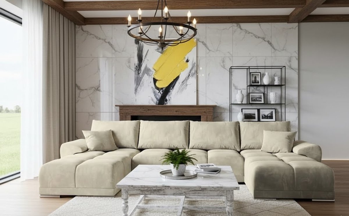 Hoekbank met Slaapfunctie U-vorm 365x189 cm – Luxe Crème Fluwelen Slaapbank met Opbergruimte en Bedfunctie – Comfortabele Grote U-Hoekbank met Kussens – Ganeey