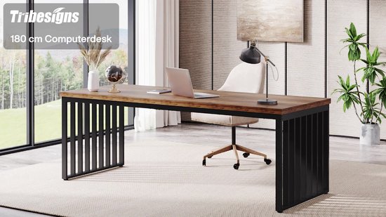 Bureau Tribesigns - Bureau d'ordinateur - Table Ordinateur - Table de bureau - Bureau - 180 x 60 x 76 cm - Structure en métal - Look bois - Marron