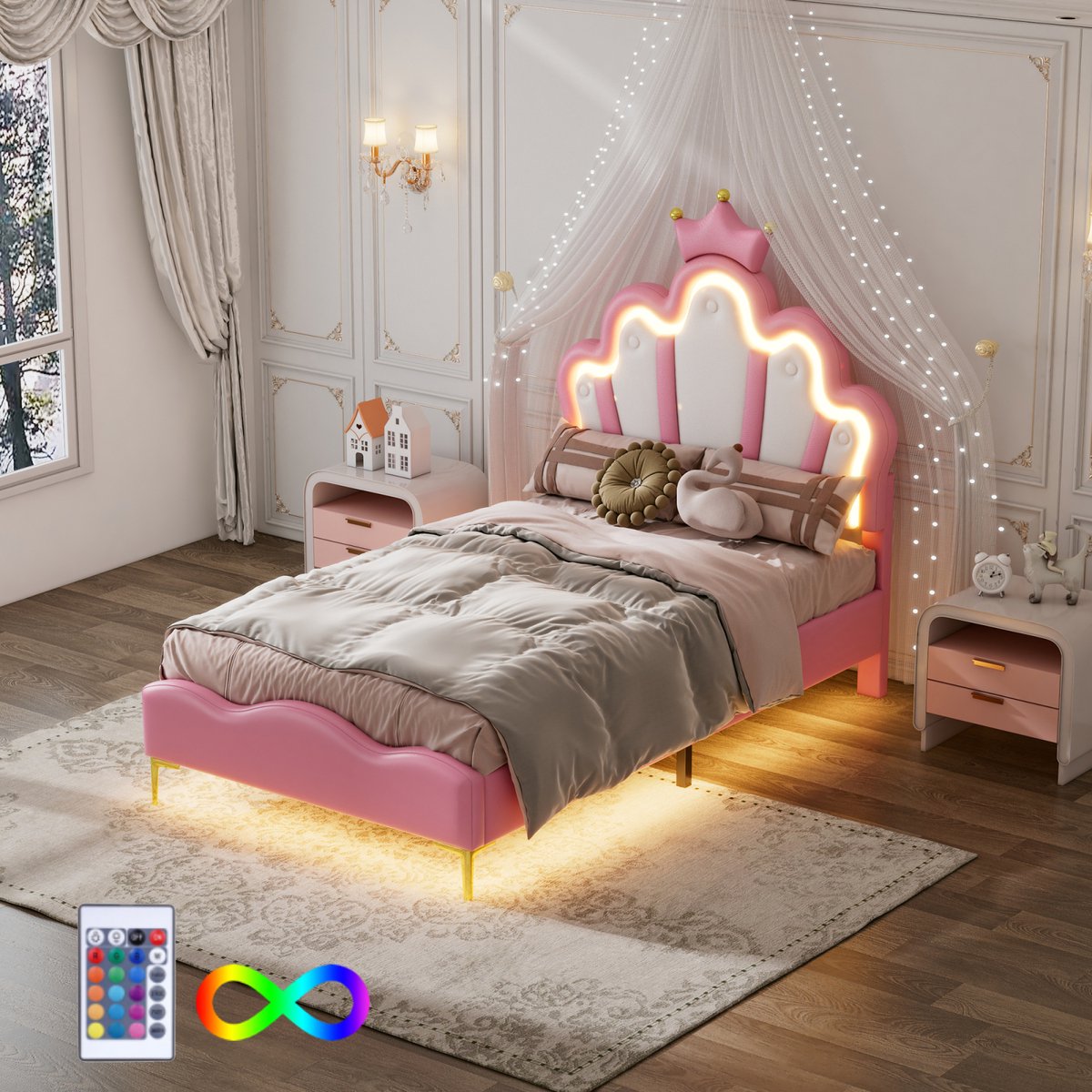ROSAHQNDA Kinderbed 90 x 200 cm met LED-verlichting, kroonprinsessenbed met in hoogte verstelbaar hoofdeinde en lattenbodem, gestoffeerd bed, meisjesbed, rugleuning, kinderbedframe, fluweel, zonder matras, roze