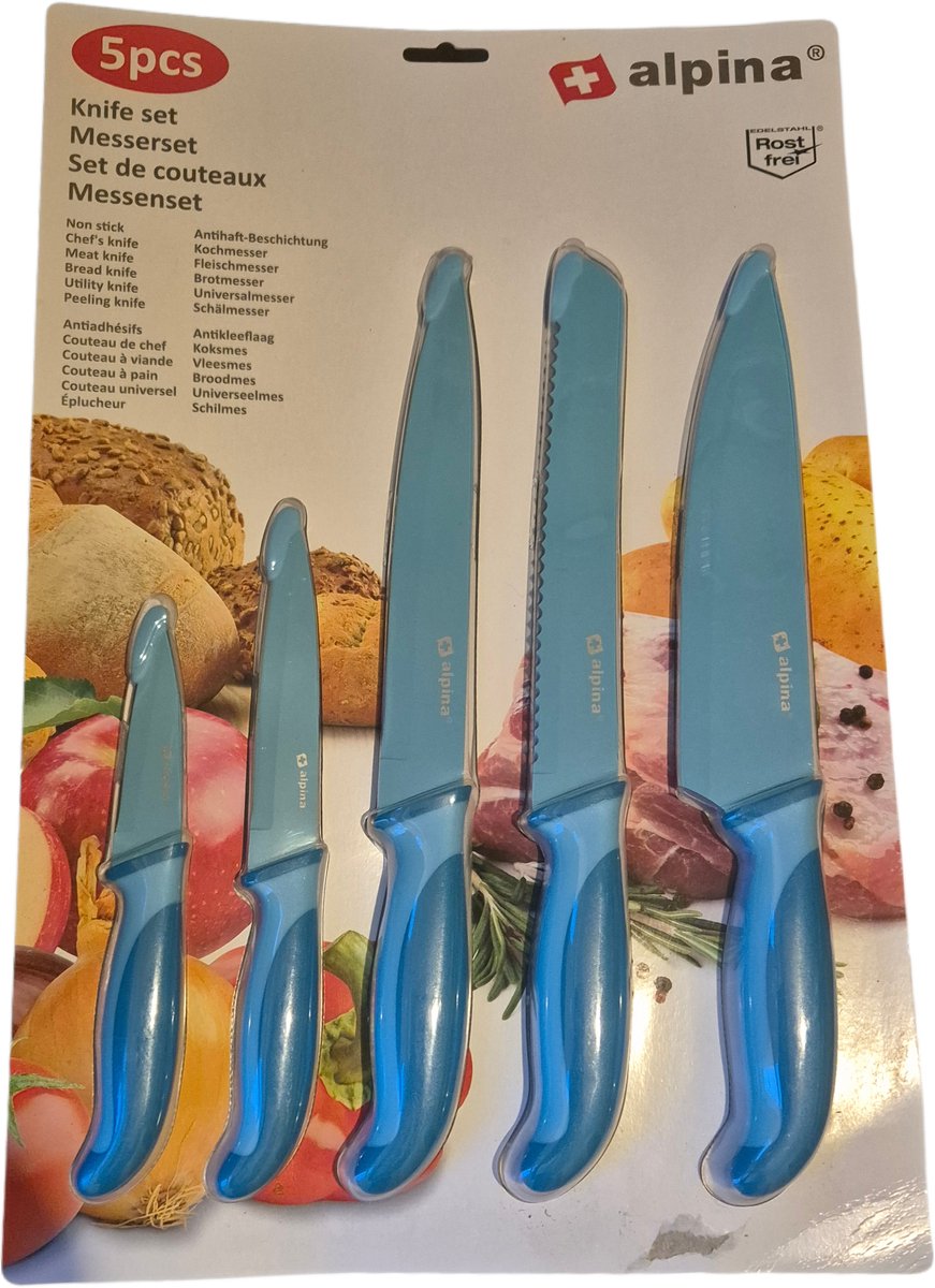 alpina messenset - blauw - 5 messen - antikleeflaag