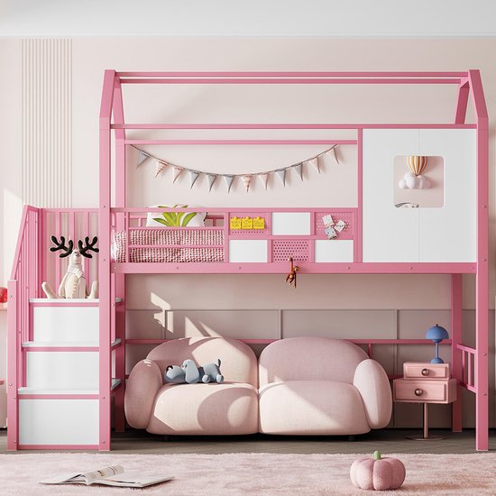 BLACKCOLORS - Lit mezzanine en métal 90x200 cm - avec toit et escalier avec espace de rangement - Rose