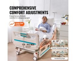 Ziekenhuisbed - 5-functies volledig elektrisch verpleegbed - Cardio-stoelpositie - Trendelenburg & Anti-Trendelenburg - Vergrendelbare wielen 12,7 cm - Draagvermogen 250 kg