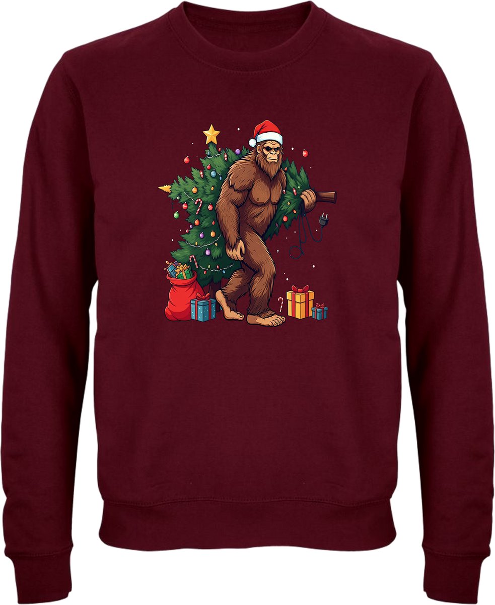 Bigfoot kerst trui - kersttrui - foute kersttrui - Unisex - Kerst - Christmas - Feestdagen - Grappige trui - Kerstman - Foute kerst - Donkerrood - Maat S
