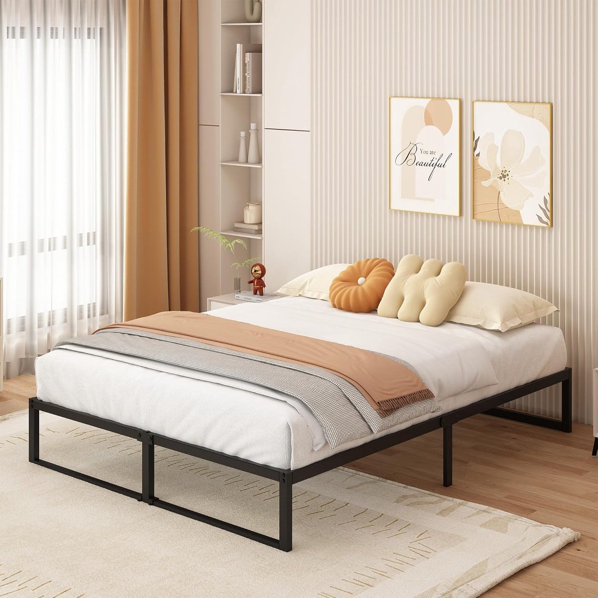 Stijlvol Metalen Tweepersoonsbed 180 x 200 cm met Stalen Lattenbodem, Eenvoudig te Monteren, Stil en Duurzaam, Onderbed Opbergruimte, Geen Boxspring Nodig, Modern Minimalistisch Design, Zwart