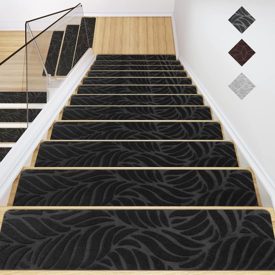 trapmatten voor houten trappen antislip traptapijt treden, vilten zelfklevende trapmatten binnen 15 stuks 76x20cm zwart bananenblad