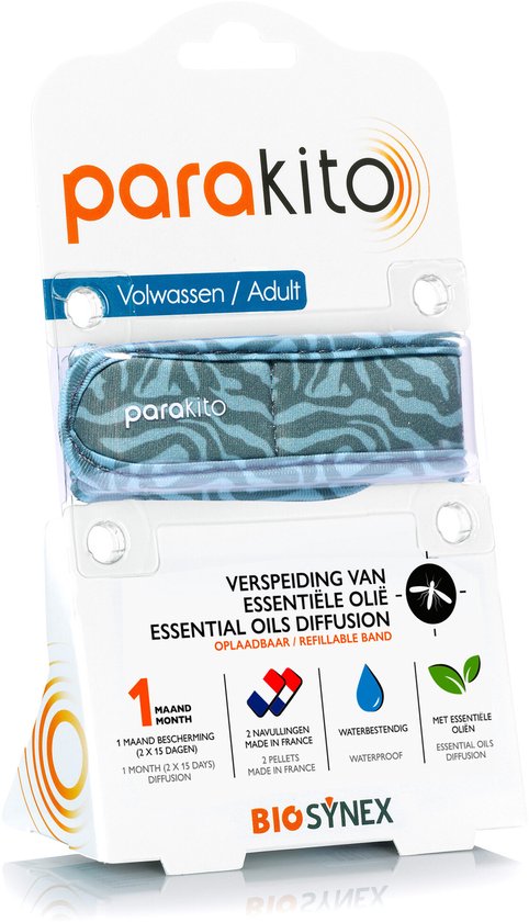 Verpakking met een Parakito herbruikbare armband met zebraprint in groen en grijs voor volwassenen, met 2 navullingen.