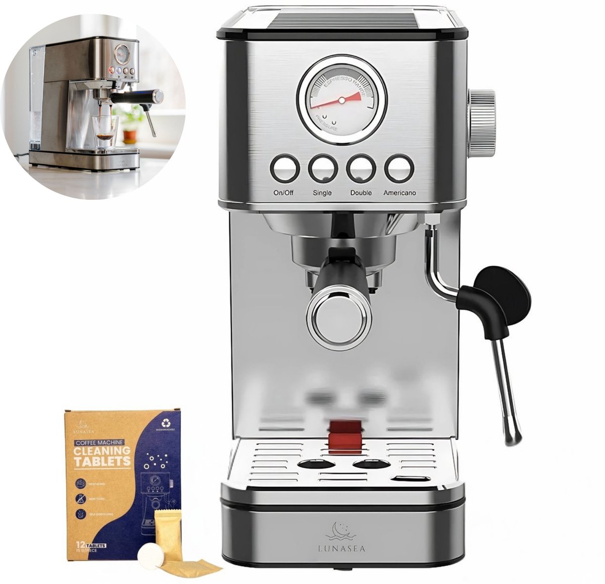 LunaSea's RVS Pistonmachine - Espressomachine - 20 Bar