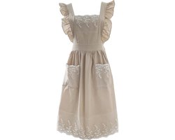 Schattige, verstelbare schort met kant voor dames - Katoenen linnen beige - Keukenschort - Met zakken - Cadeau - Tuinhoes