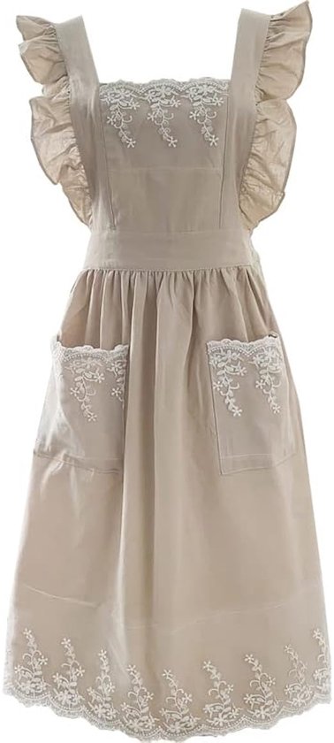 Schattige, verstelbare schort met kant voor dames - Katoenen linnen beige - Keukenschort - Met zakken - Cadeau - Tuinhoes