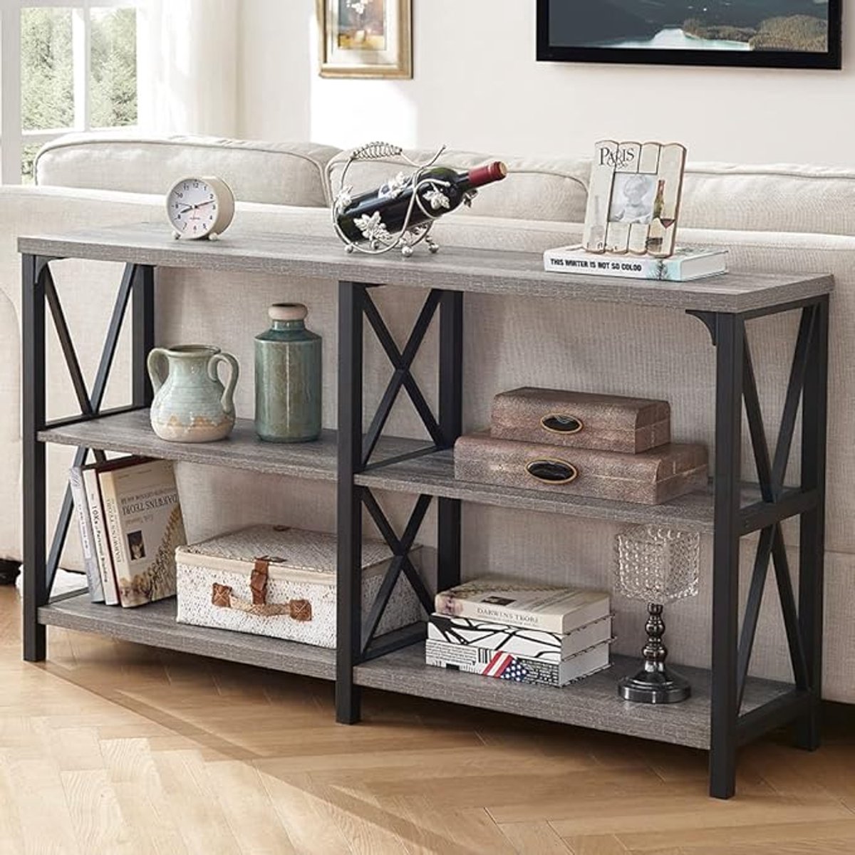 Sidetafel / Rustieke Console Tafel HomeByNicole – Multifunctionele Foyer- en Woonkamer Tafel met Opbergruimte, TV-Meubel en Dressoir – Grijze Eiken, 140 cm