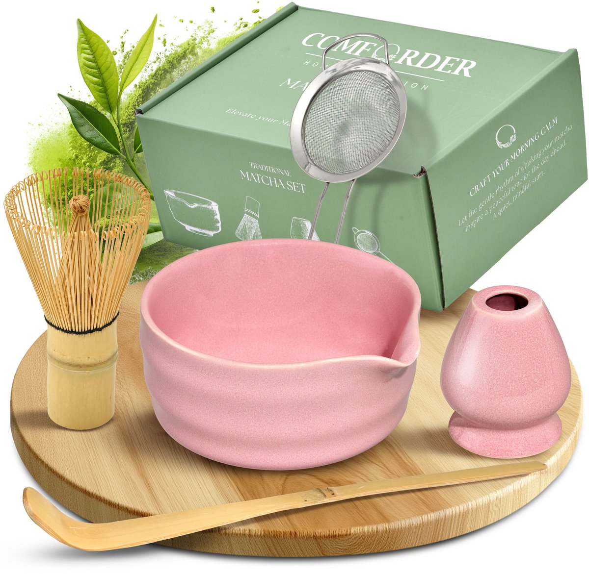 Exquilnova 5-delige matcha-set, keramische matcha-kom met schenktuit, bamboe matcha-klopper, matcha-garde, schepje, zeef, matcha-theeset zonder poeder, matcha-starterset (zwart met wit