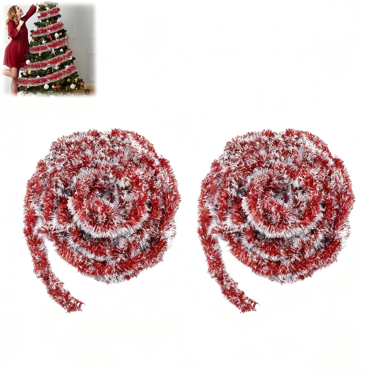 2 stuks - kerstversiering - rode en witte slinger - dikke witte metalen sneeuwslinger - geschikt voor kerstbomen, bruiloften, verjaardagen, discofeesten - 200*9cm - rood