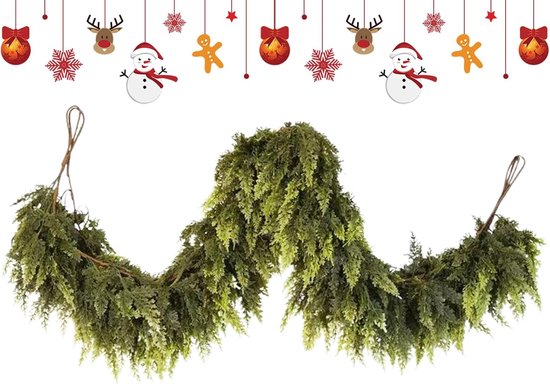 OIMG Kerst Guirlandes - Dennenkrans - Realistisch Groene Dennen Krans - Rotan Woondecoratie Kerstmis - Kunstmatige groene decoratie voor open haard - Voor Krans Open Haard Boom Schoorsteenmantel Binnen Trap Tafel Deur Leuning - 180cm - 30 mesh