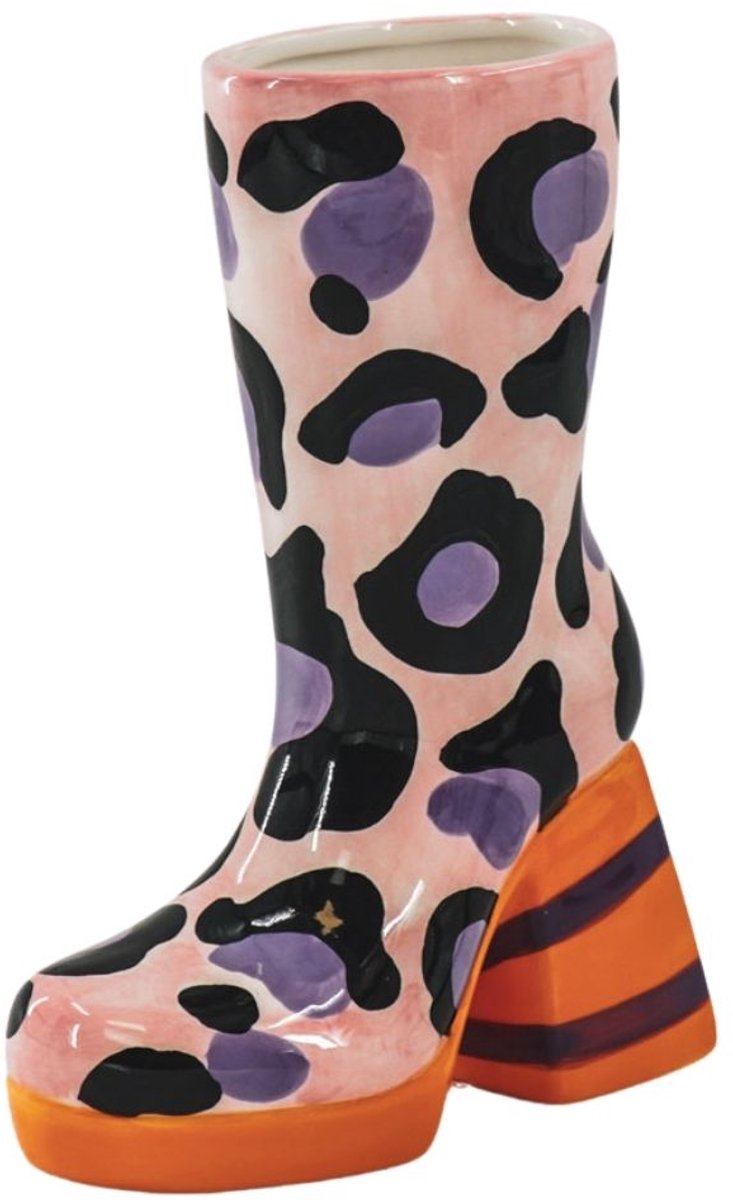 Housevitamin Bloemenvaas Laars met Luipaardprint – Keramische Design Vaas – Roze / Oranje – 24 cm Oranje/ Lila