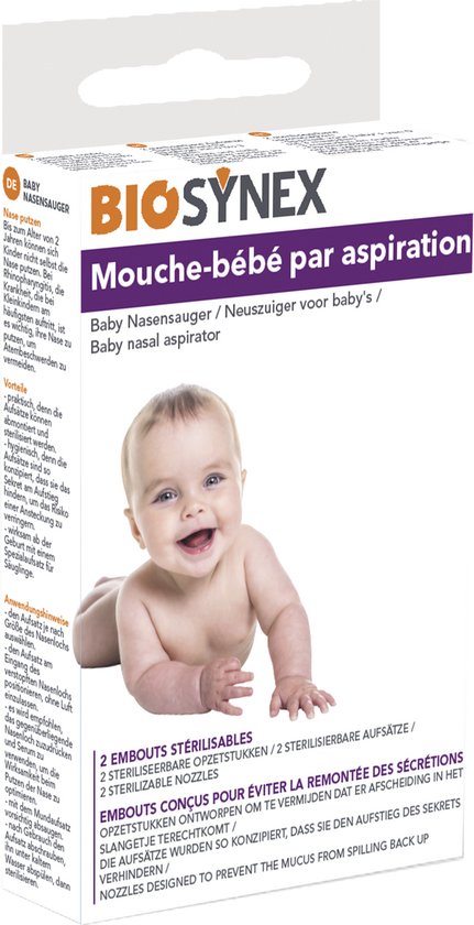 Verpakking met baby neuszuiger, met een lachende baby en tekst in het Nederlands.