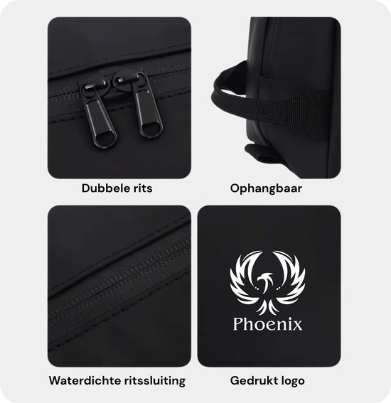 Details van de zwarte toilettas: dubbele rits, ophangbare lus, waterdichte ritssluiting en gedrukt Phoenix-logo.