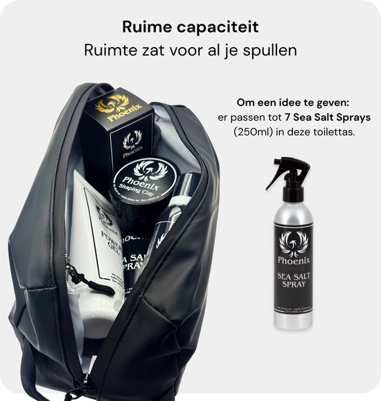 Open zwarte toilettas met diverse haarproducten en een Sea Salt Spray van Phoenix.