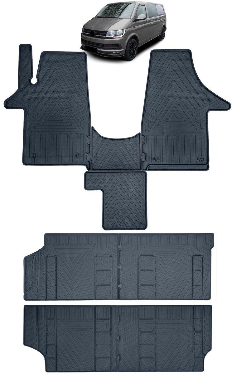 Premium Rubberen Vloermatten voor VW Transporter T5 / T6 8-delige Set Voor, Achter & Tunnel Geurloos & Antislip Perfecte Pasvorm – Zwart