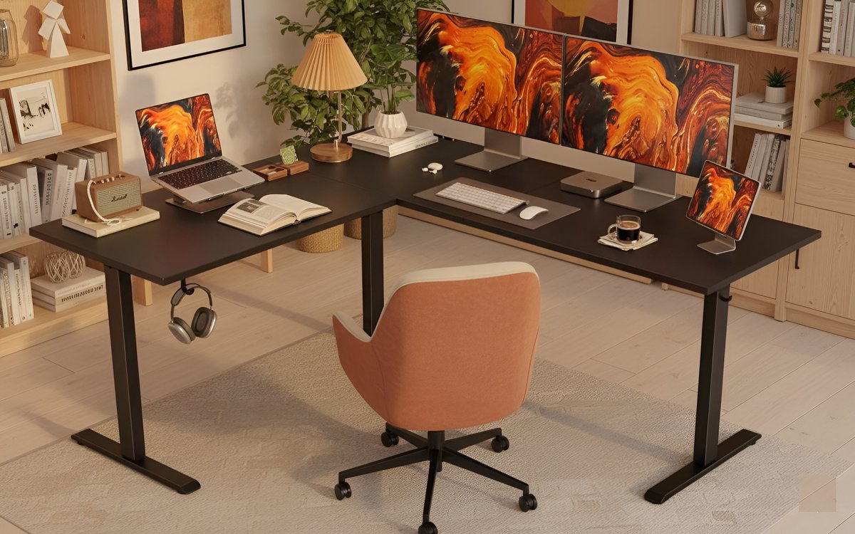 In Hoogte Verstelbaar L-Vormig Bureau 150x125 cm – Ergonomisch Hoekbureau met Zit-Sta Functie, Elektrisch Staand Bureau met Anti-Botsingstechnologie & Geheugenstanden – Modern Computertafel voor Kantoor of Thuiswerk – Zwart – HomeByNicole