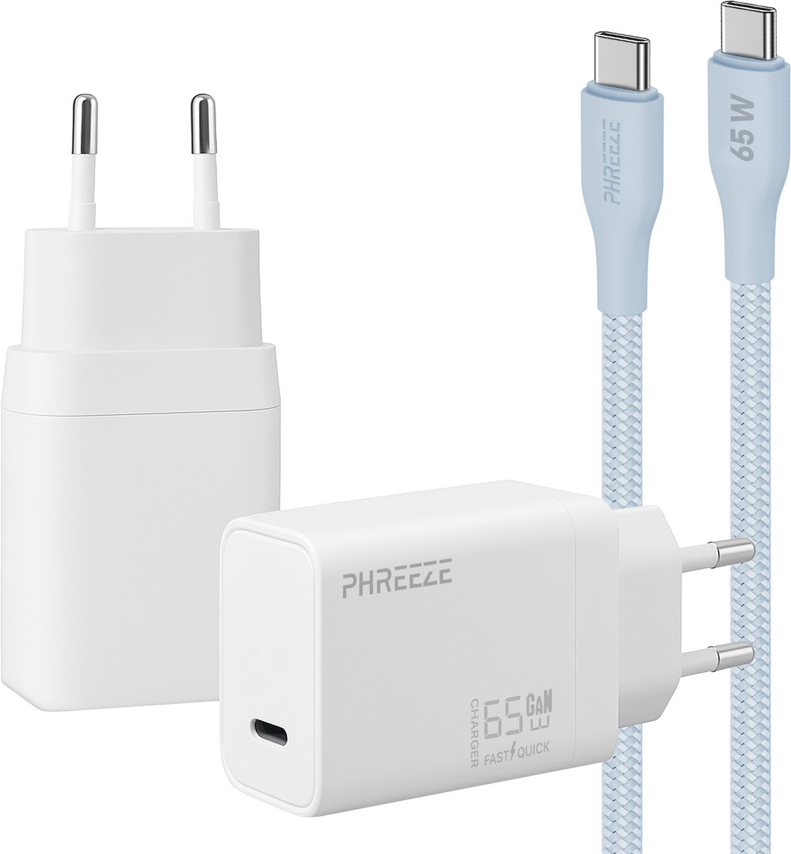 Phreeze usb C snellader 65 W met kabel blauw - Power Delivery oplader - Geschikt voor laptop en tablet