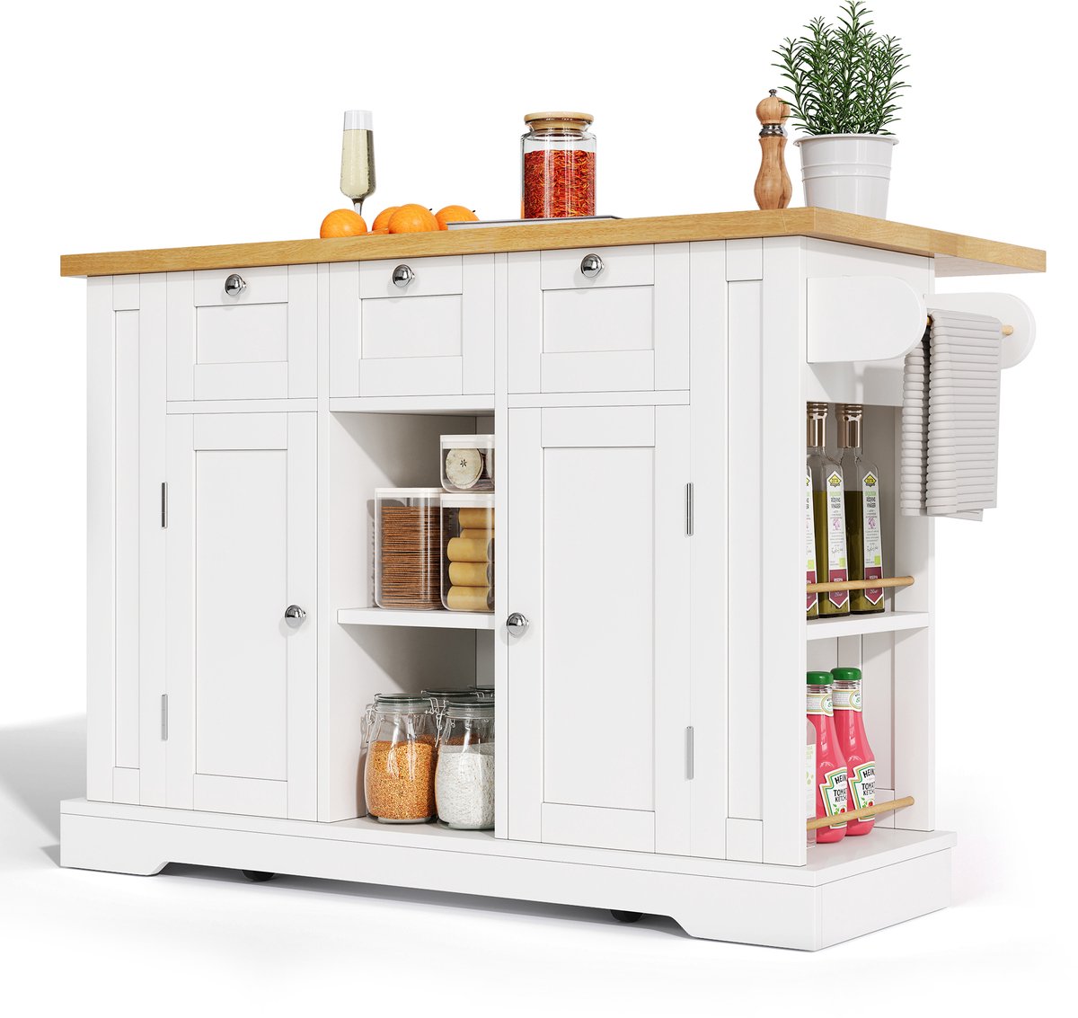 132cm Mobiele keukentafel, Landhuisstijl, Opklapbaar werkblad, Multifunctionele kast, Lade, Kruidenrek, Handdoekhouder, 5 wieltjes, Geïntegreerd stopcontact, Keuken/Eetkamer/Huis