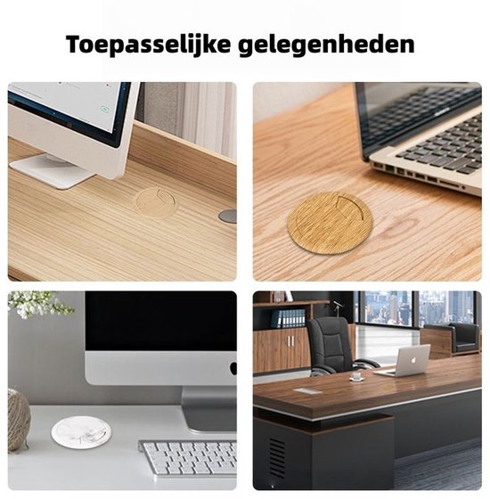 Collage van vier afbeeldingen: kabeldoorvoeren in gebruik op bureaus met computers, laptops en bureaustoelen.